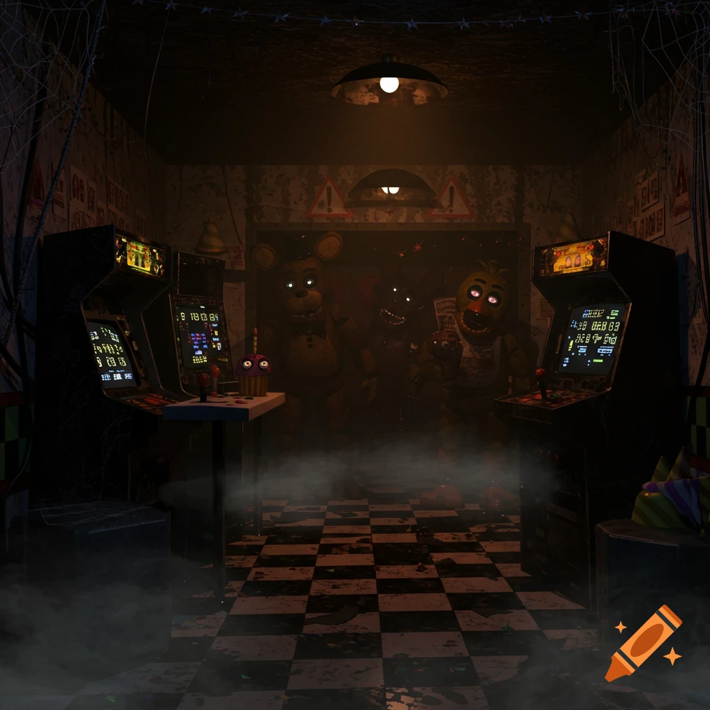 A dark, eerie arcade room with a checkerboard floor, two arcade machines, and shadowy animatronic characters in the background amidst a smoky haze.