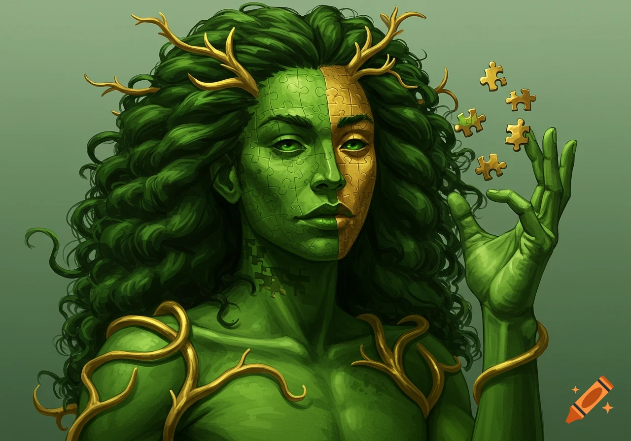A green-skinned woman with long curly hair and golden antlers, half her face a puzzle, holds golden puzzle pieces.