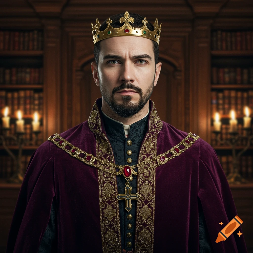 Photorealistic portrait of a stern man wearing a gold crown and an ornate purple royal robe in a library.