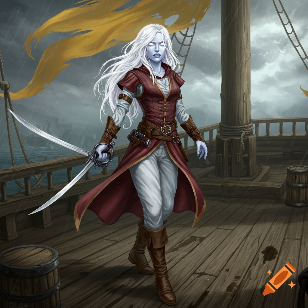 White-haired, pale-skinned fantasy swashbuckler in red and brown attire, holding two swords on a ship deck.