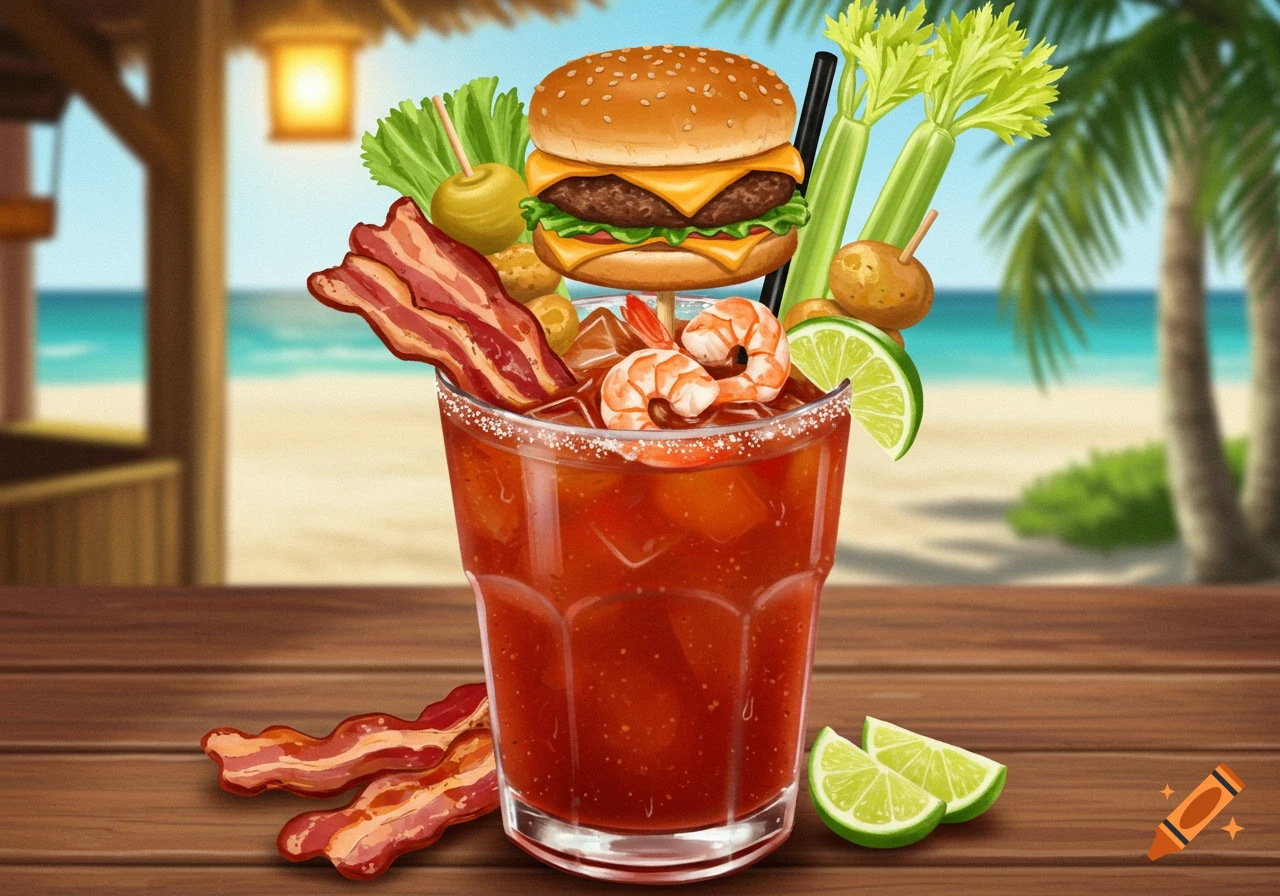 A stylized Bloody Mary drink heavily garnished with a cheeseburger, bacon, shrimp, celery, and limes, on a wooden bar overlooking a beach.