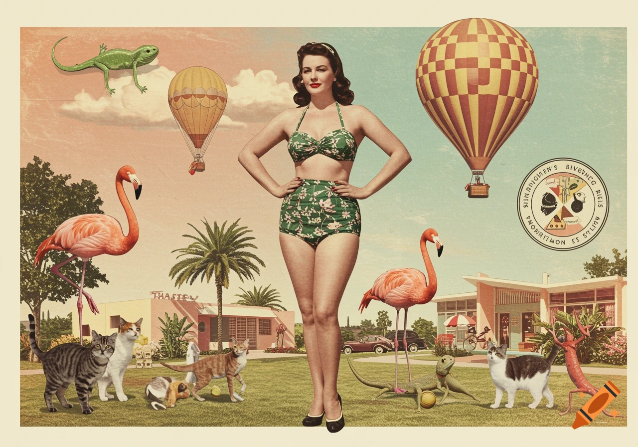 A vintage collage of a woman in a green bikini, hot air balloons, flamingos, cats, lizards, and 1950s-style buildings under a pink and blue sky.