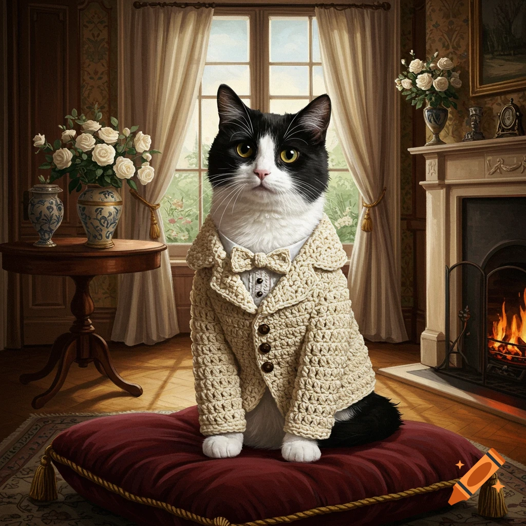 A photorealistic tuxedo cat in a beige crochet jacket and bow tie sits on a red pillow in a grand room.