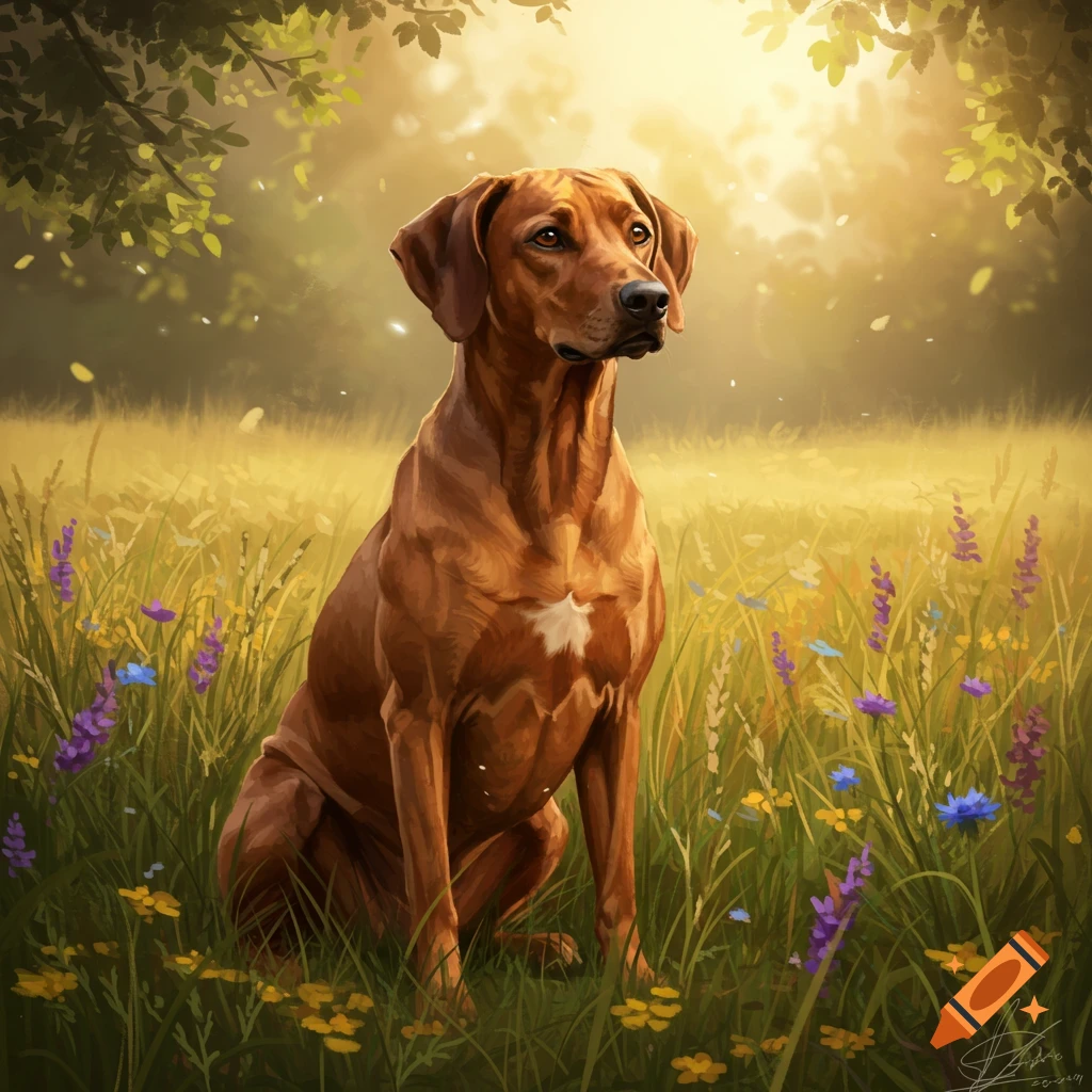 A brown Rhodesian Ridgeback dog sits in a sunny field of green and yellow grass with purple and yellow wildflowers. Trees are in the background.