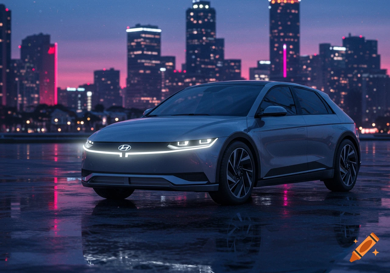 A grey Hyundai car parked on a wet surface with a vibrant city skyline at dusk.