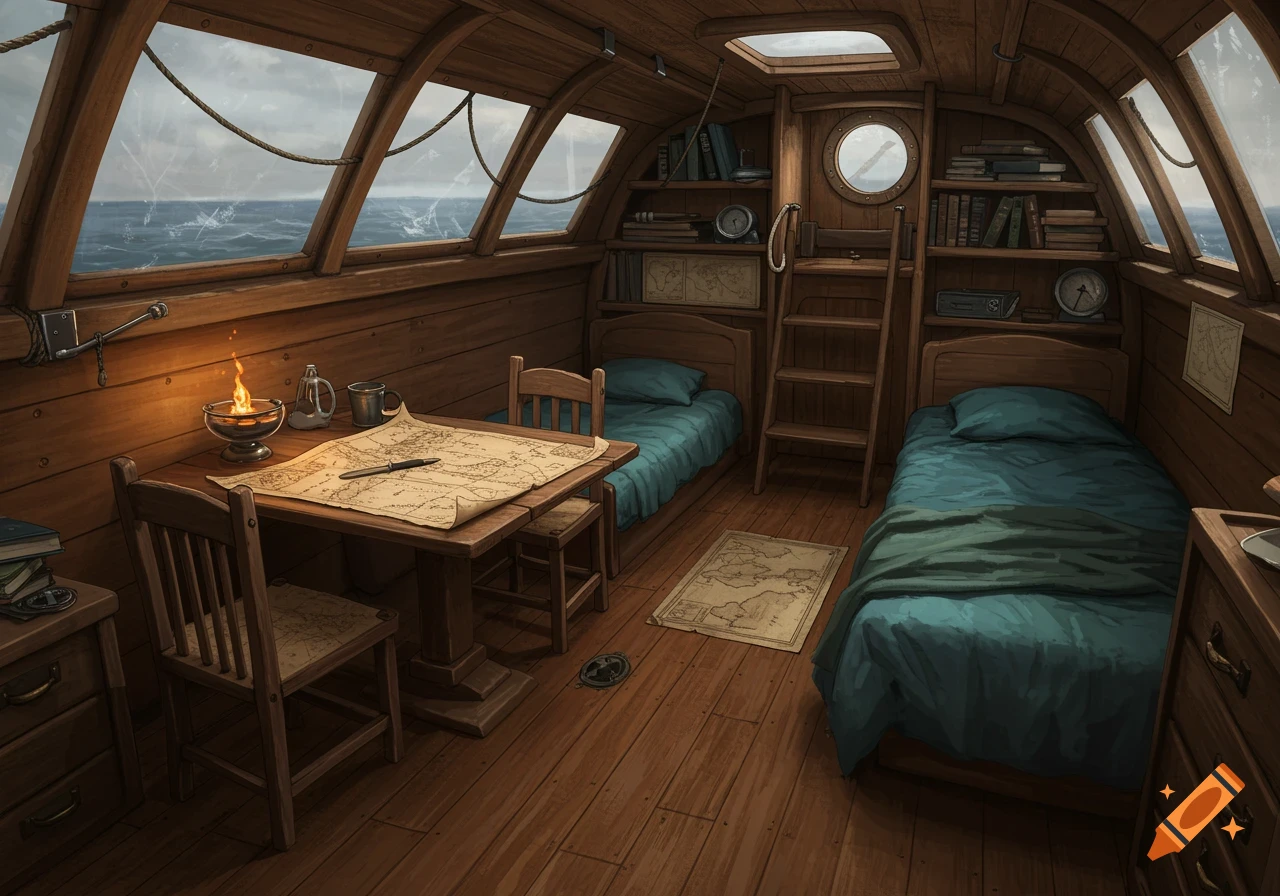 A cozy, detailed wooden boat cabin interior with a map-covered table, lit lamp, two beds, bookshelves, and ocean views from large windows.