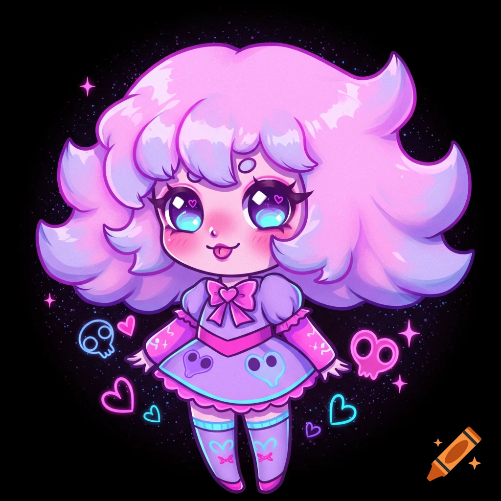 A cute pastel goth chibi character with pink fluffy hair, big blue eyes, and a purple dress, surrounded by neon skulls and hearts.
