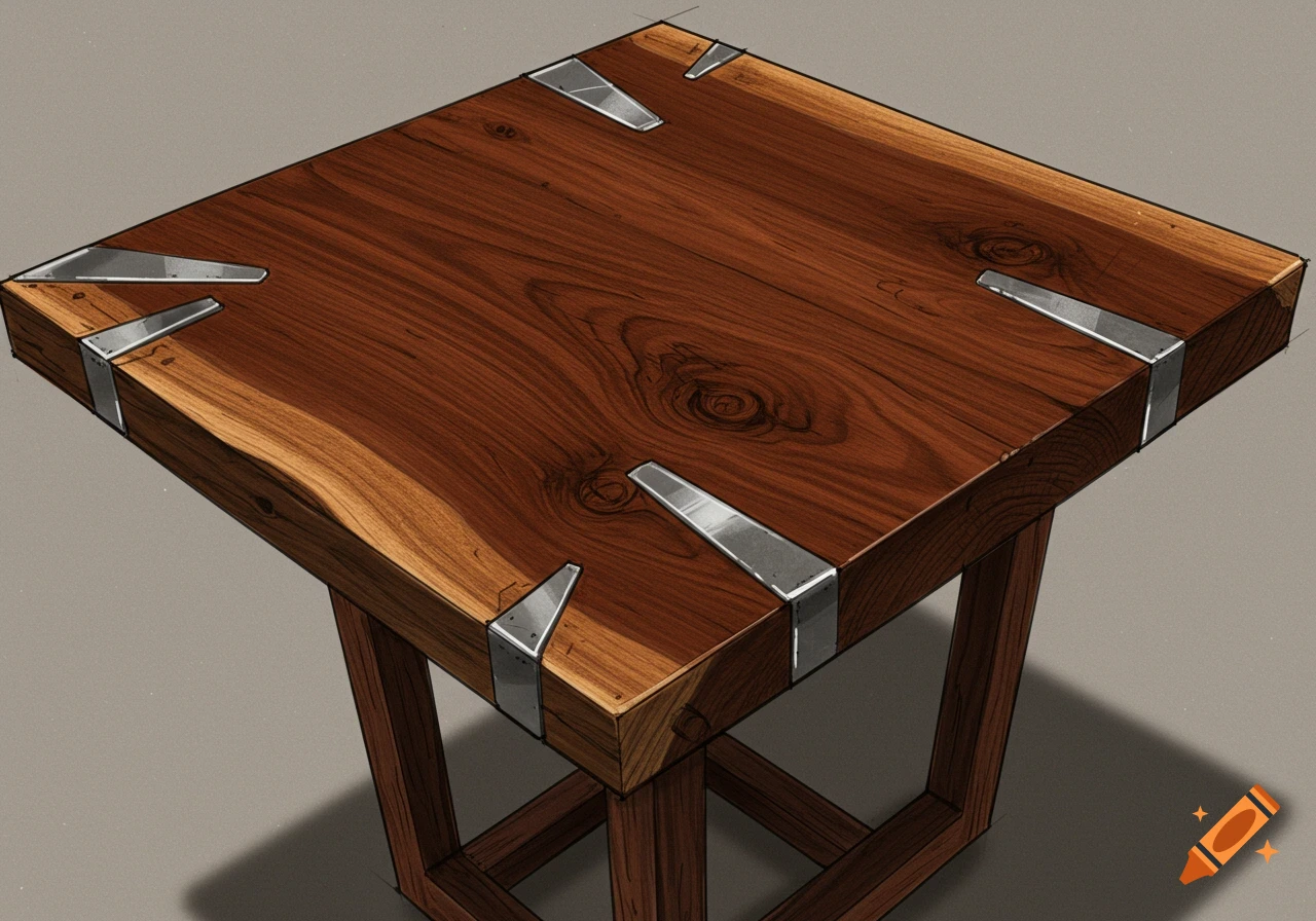 A detailed sketch of a square mahogany live edge table with metal corner accents, featuring prominent wood grain.