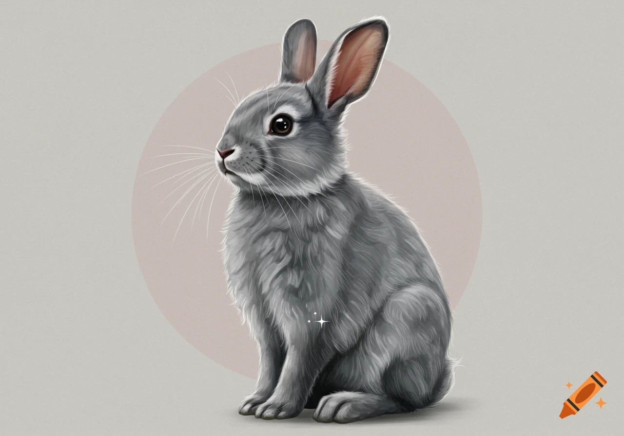 An illustration of a gray rabbit sitting, looking left, on a neutral background with a light brown circle.