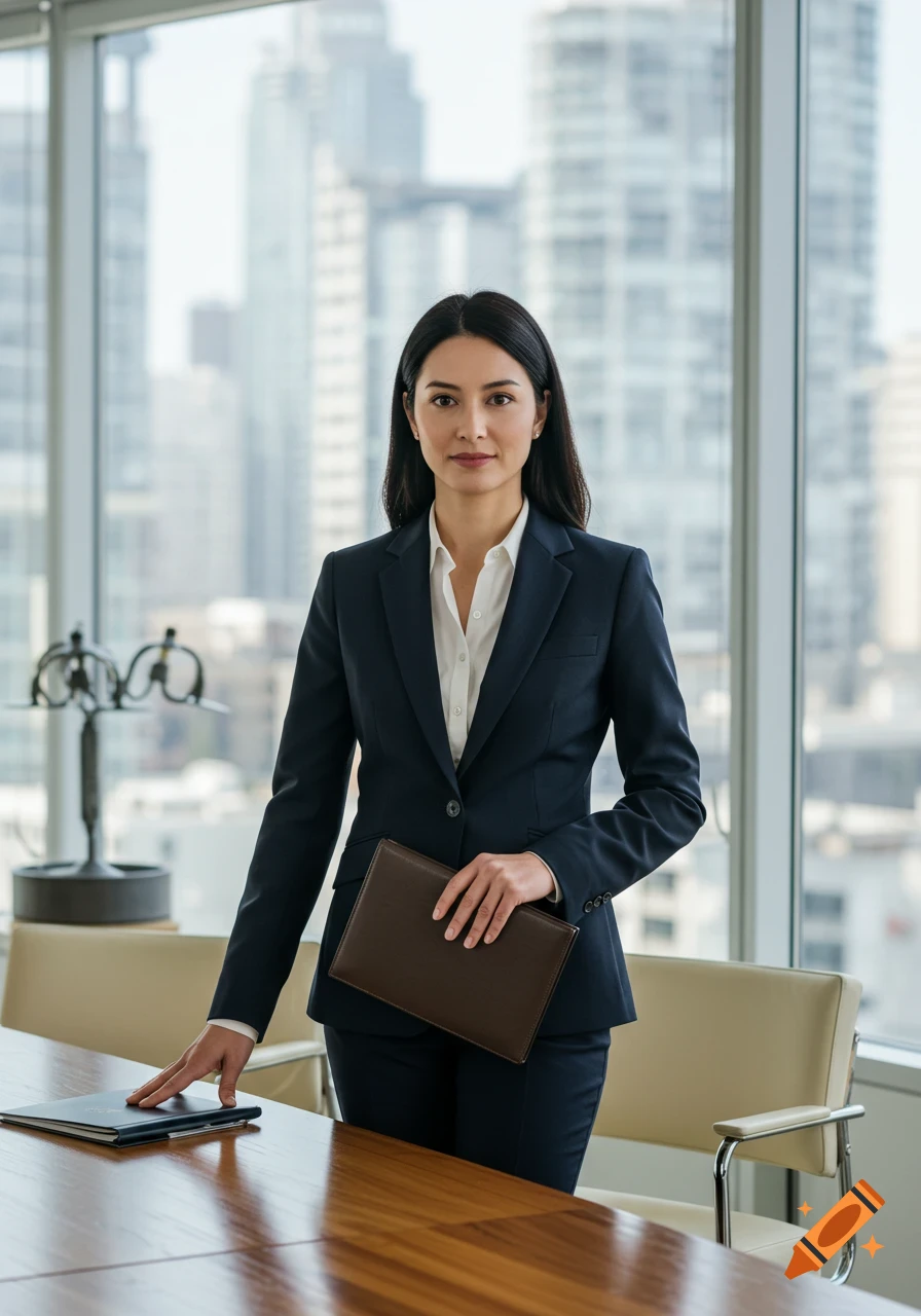 A professional woman in a dark suit stands in an office with city views, holding a brown folder.