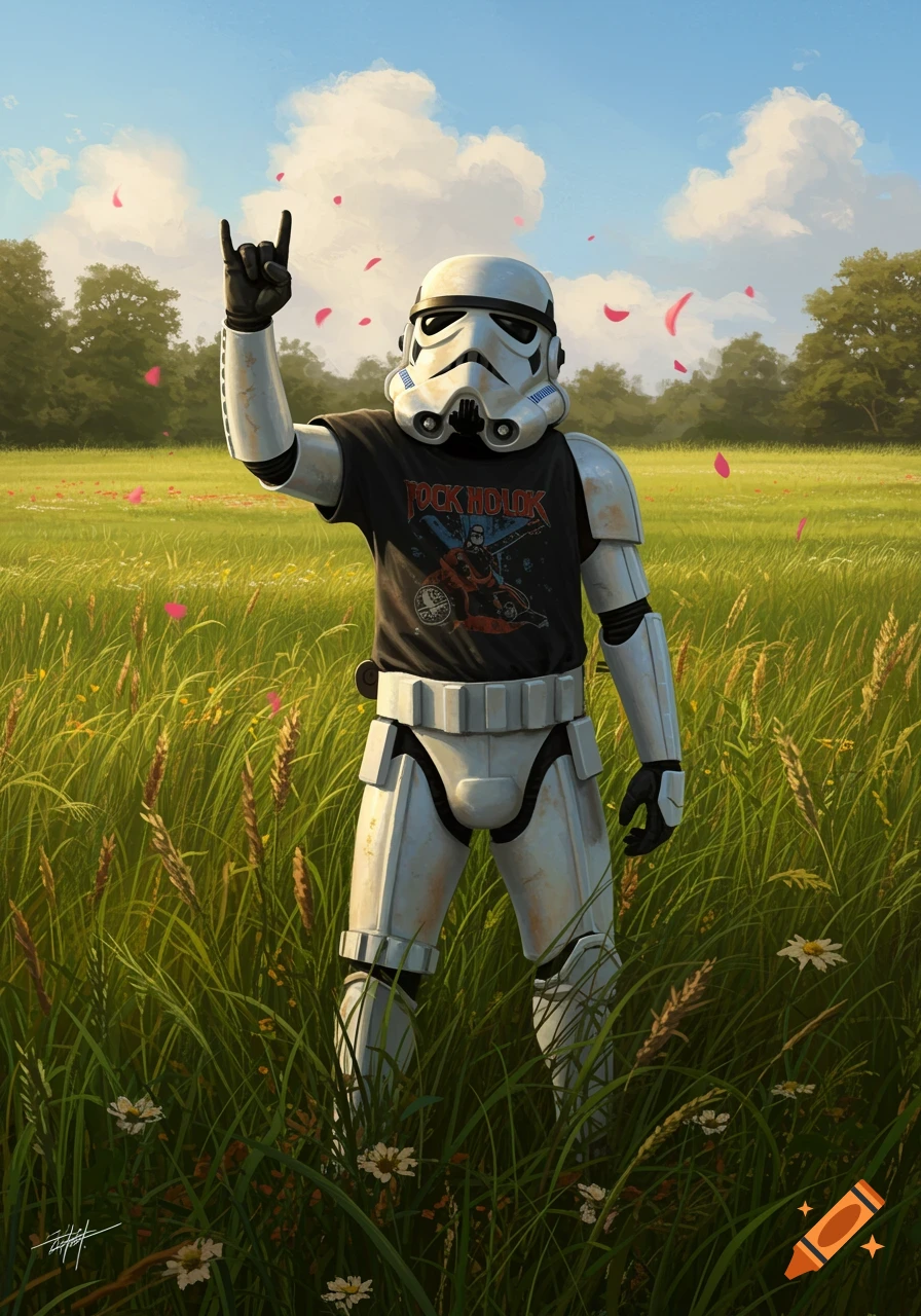 A Stormtrooper in a black band t-shirt gives a rock-and-roll sign in a sunlit grassy field with pink petals falling.