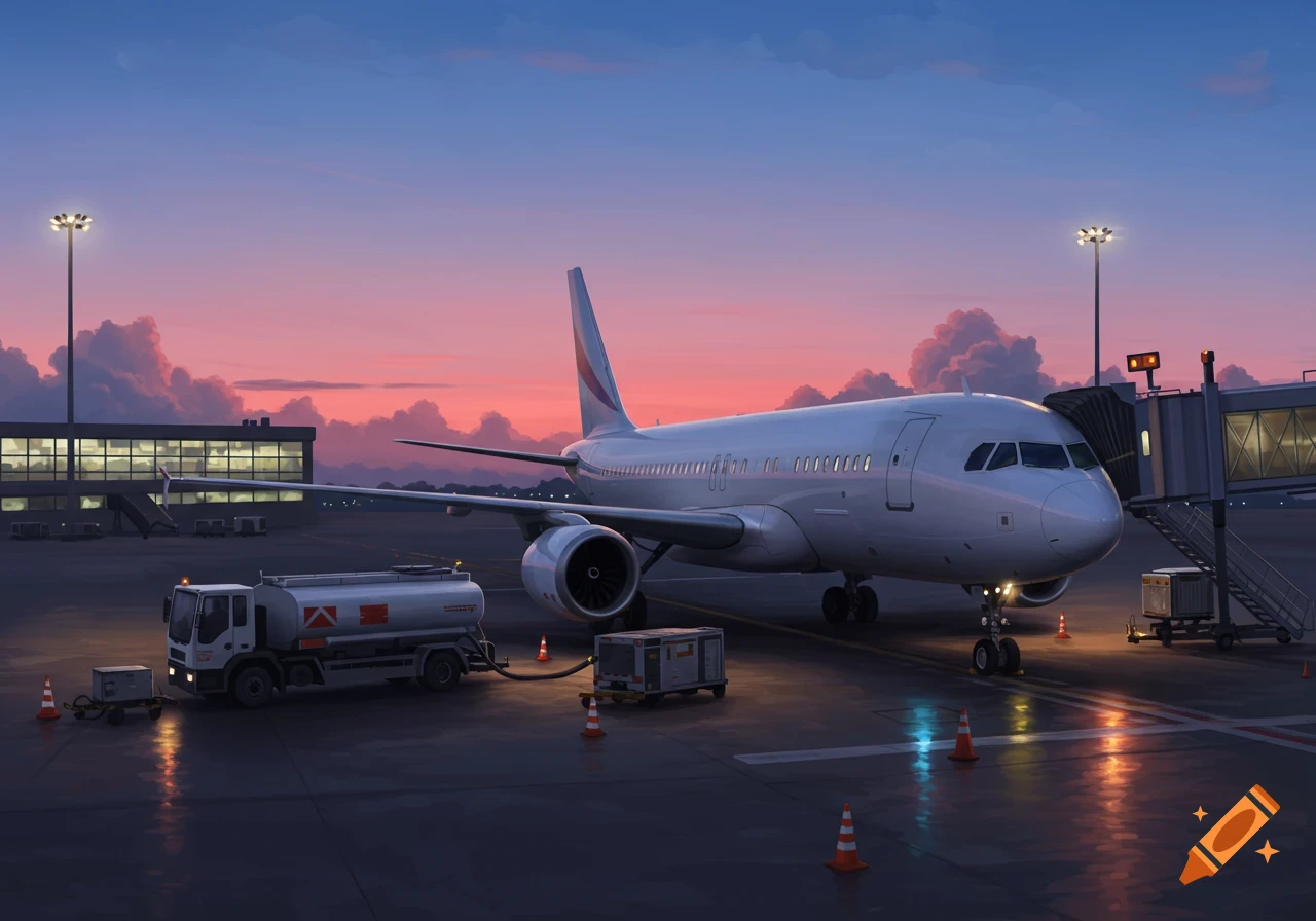 A white passenger airplane is refueled by a truck at an airport gate under a dramatic pink and blue evening sky.