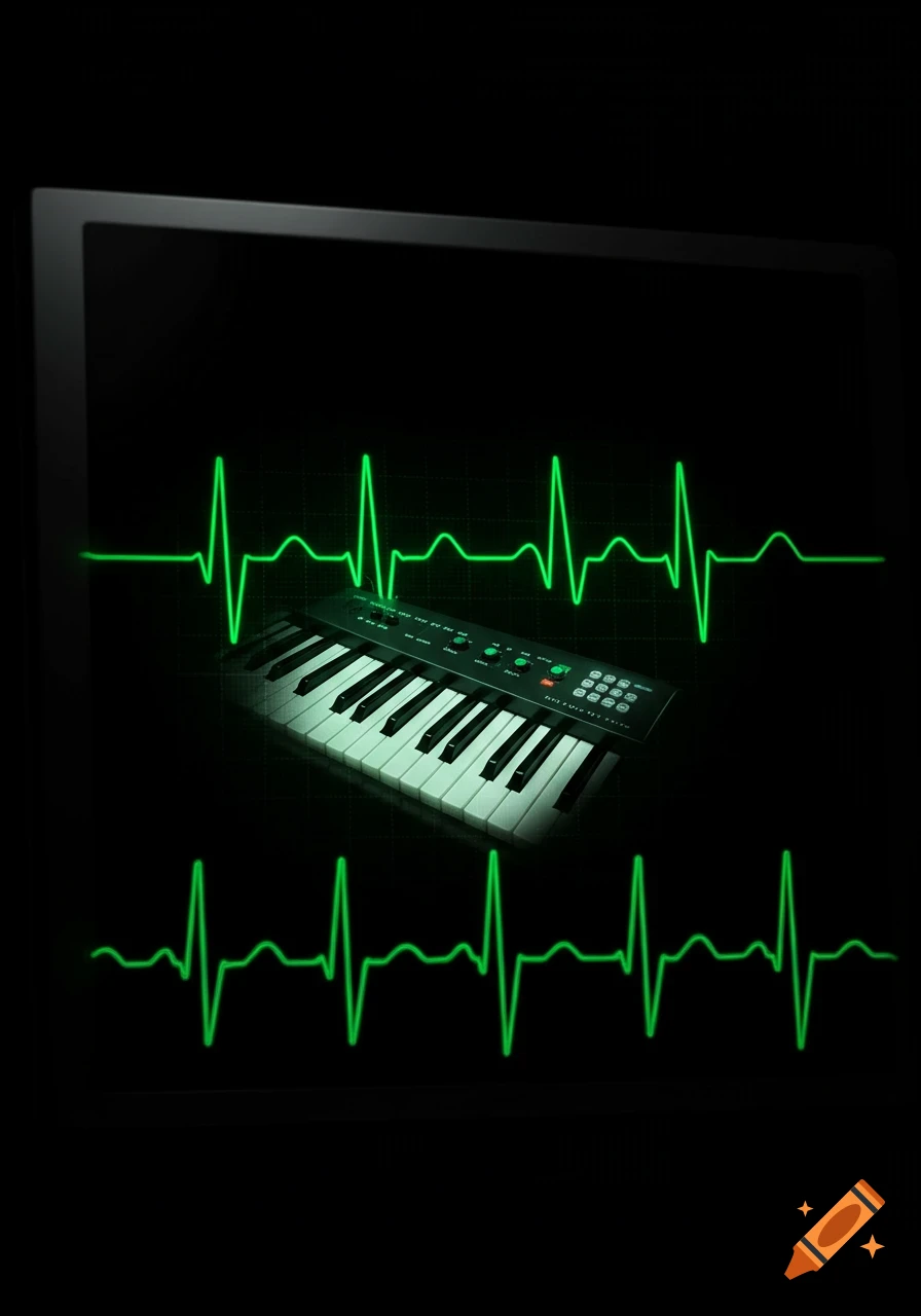 A dark image featuring a synthesizer keyboard with green glowing heartbeat lines above and below, all appearing on a monitor screen.