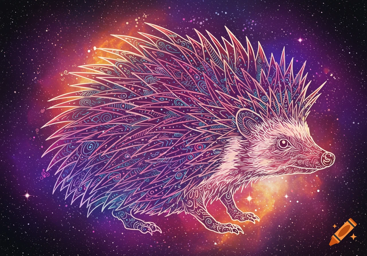 A stylized hedgehog with intricate line art patterns against a vibrant cosmic background.