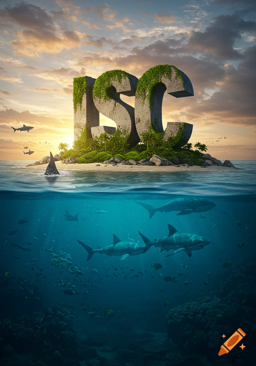 Giant letters 'ISC' form a vine-covered island at sunset, with sharks swimming in the clear blue water surrounding it.