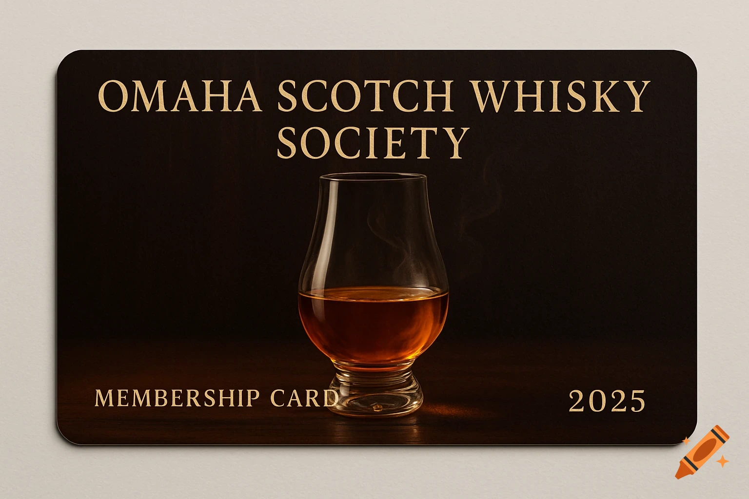 A black membership card for the Omaha Scotch Whisky Society with a Glencairn glass of amber whisky and the year 2025.