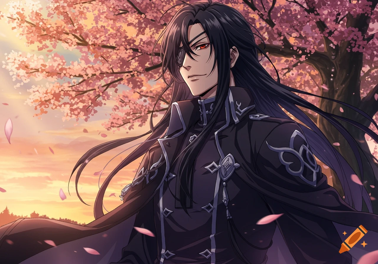Anime man with long black hair, an eye patch, and a dark coat stands among pink cherry blossom trees at sunset.