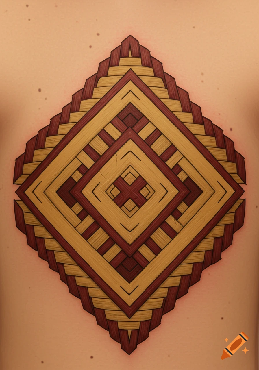 A diamond-shaped tattoo featuring a red and gold Cherokee basket weave pattern on skin.
