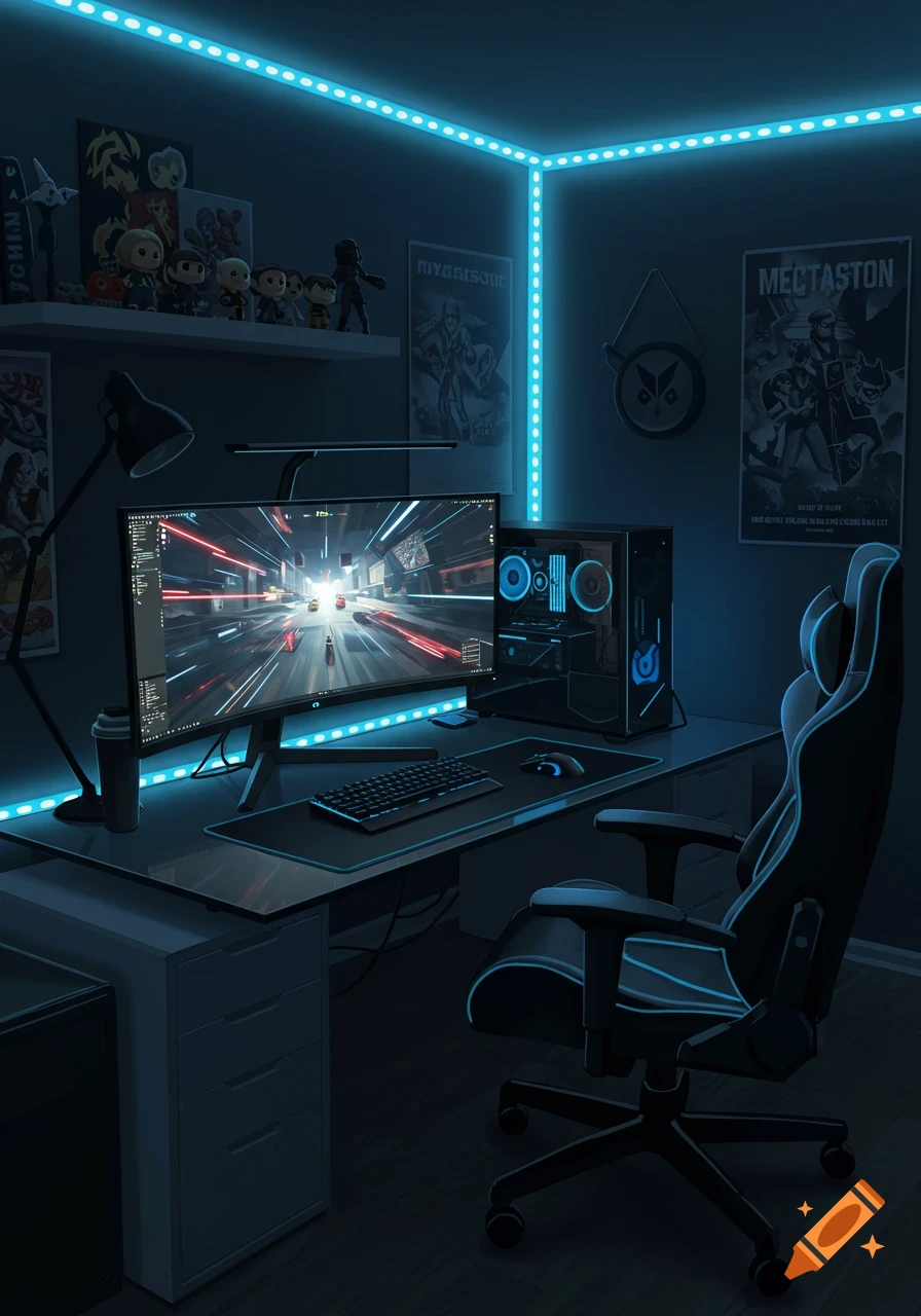 A dark room with bright blue LED strips, featuring a gaming setup with a large monitor displaying a racing game, a PC tower, keyboard, mouse, and a gaming chair.