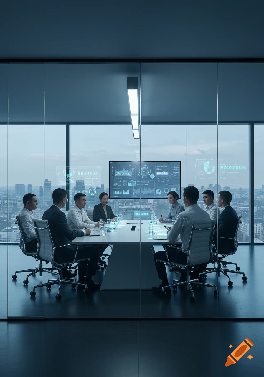 A team of professionals in a modern conference room with holographic data displays and a city skyline view.