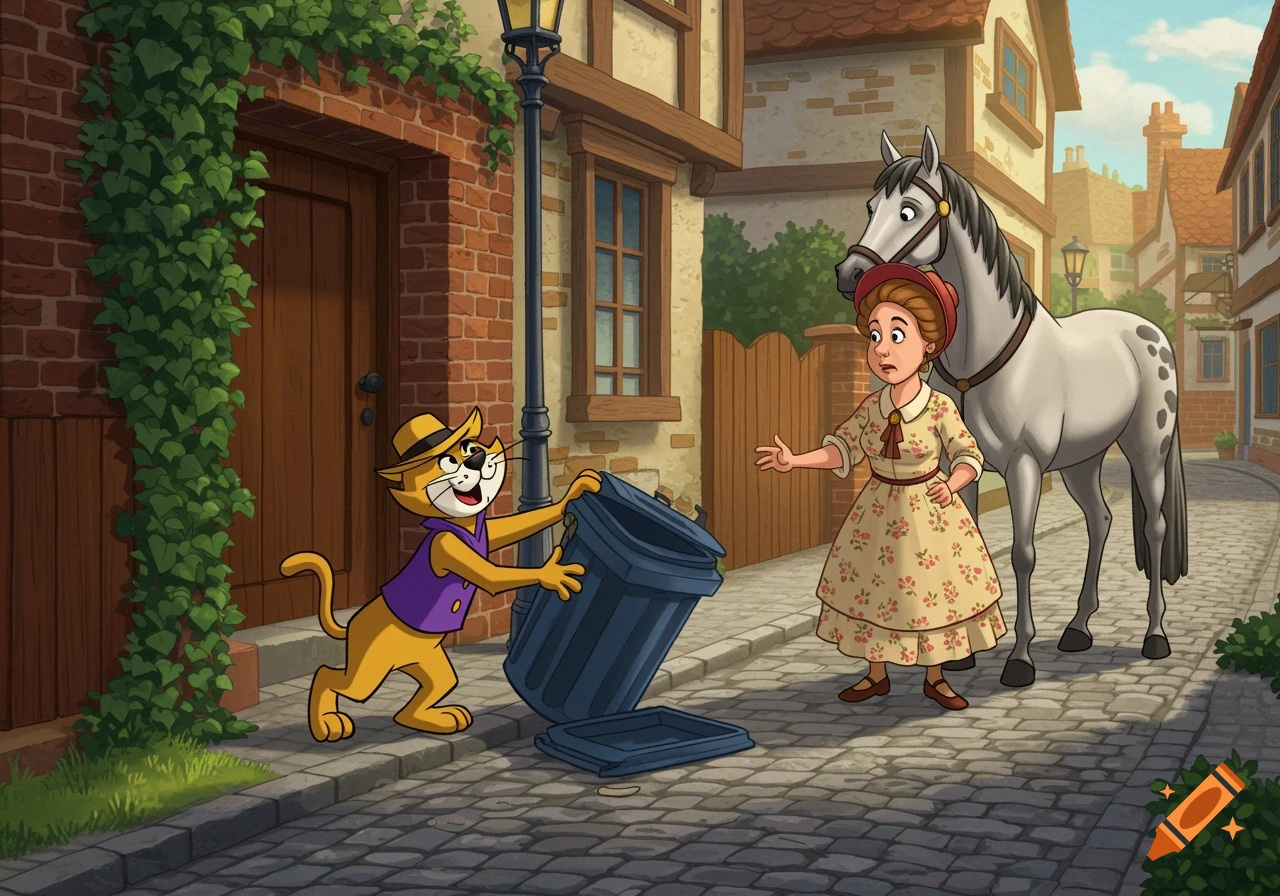Top Cat opens a dustbin as a surprised woman and a gray horse stand on a cobblestone street in a cartoon town.