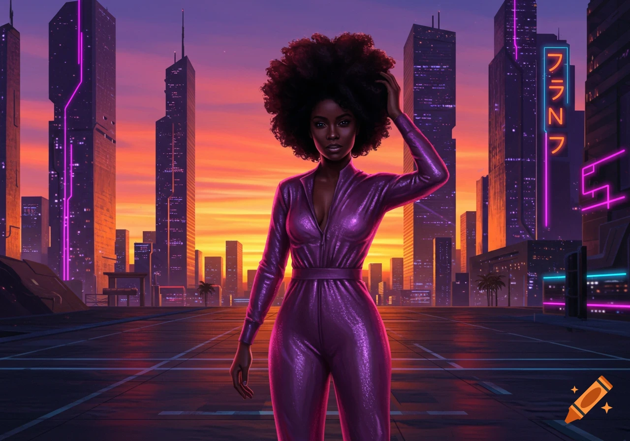 A Black woman with a large afro, wearing a shiny pink jumpsuit, stands in a futuristic city at sunset, digital painting.
