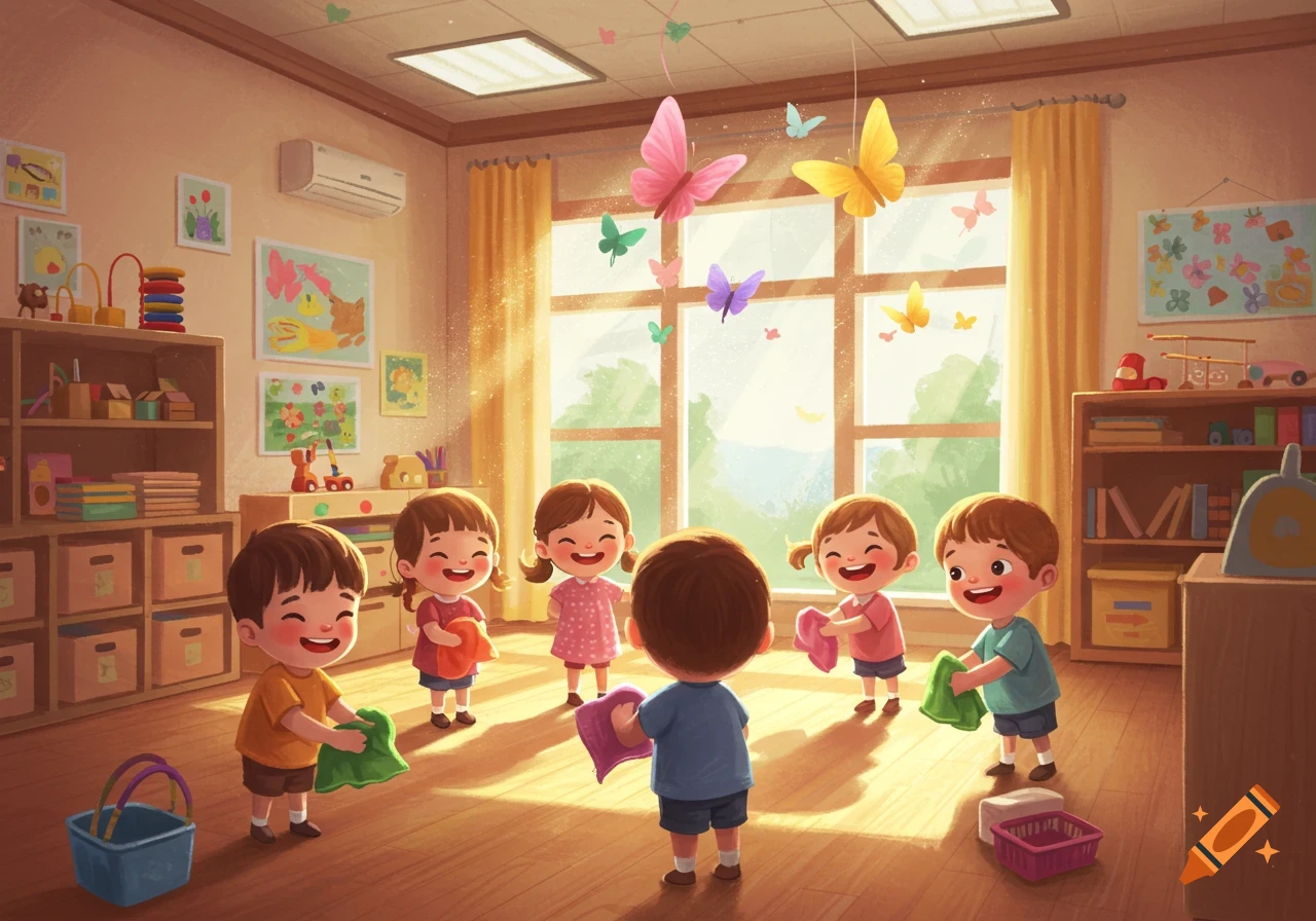 A whimsical illustration of a group of happy preschoolers cleaning a sunny classroom, with colorful butterflies flying around.