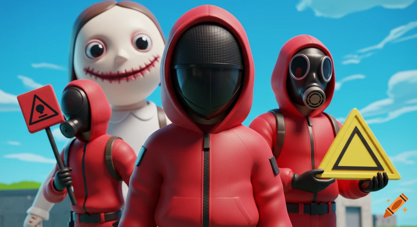 Three 3D cartoon Squid Game characters, two in red suits with masks holding warning signs, with the giant doll behind them, under a bright blue sky.
