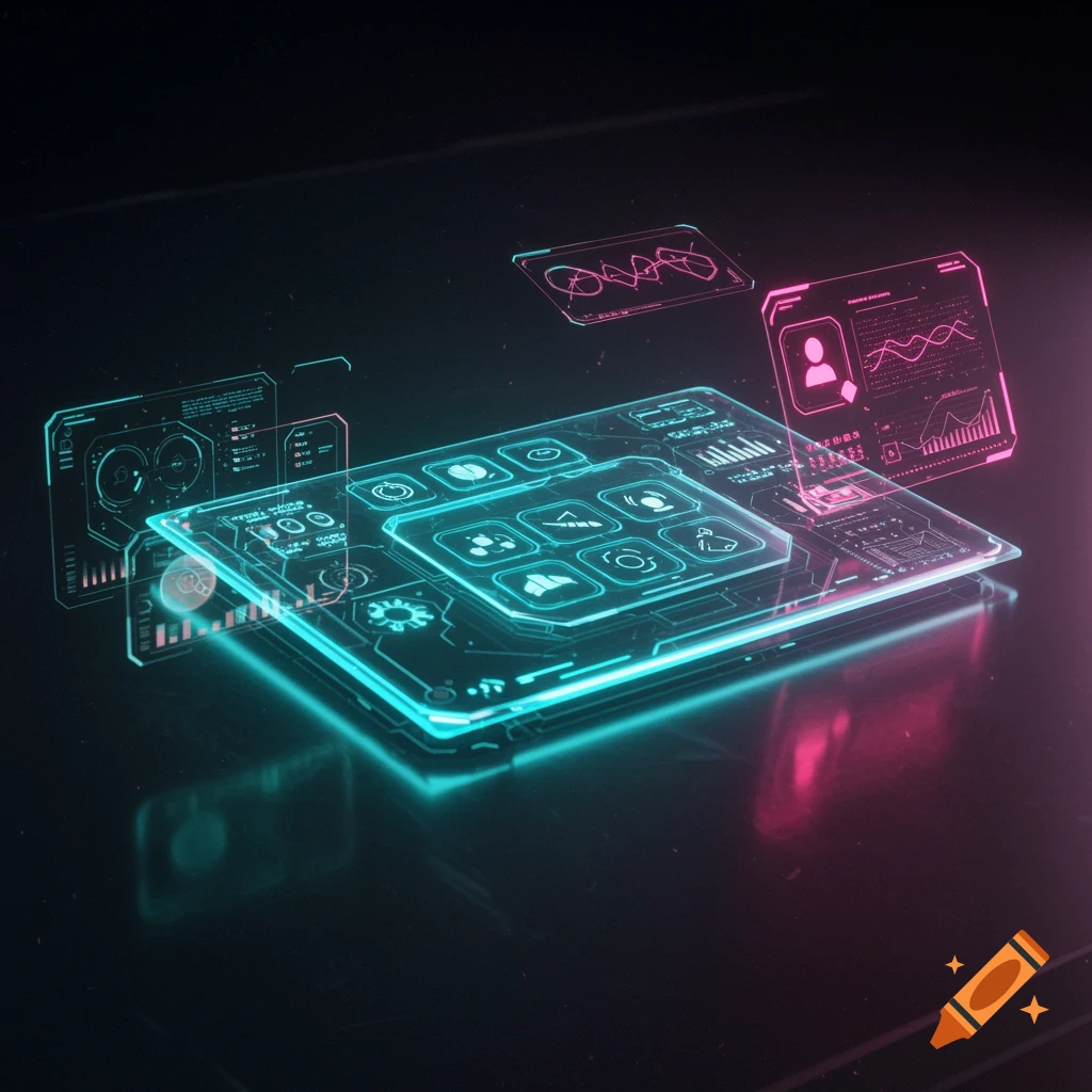 Holographic glowing neon blue and pink user interface elements, charts, and icons floating over a dark surface.