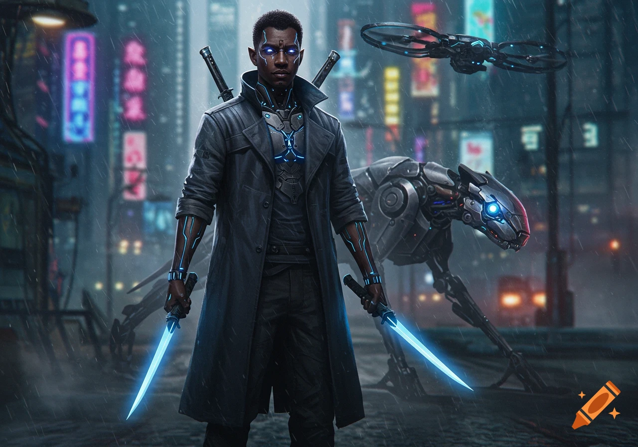 A male cyber-samurai with glowing blue eyes holds energy blades in a rainy, neon-lit cyberpunk city with a robot and drone.