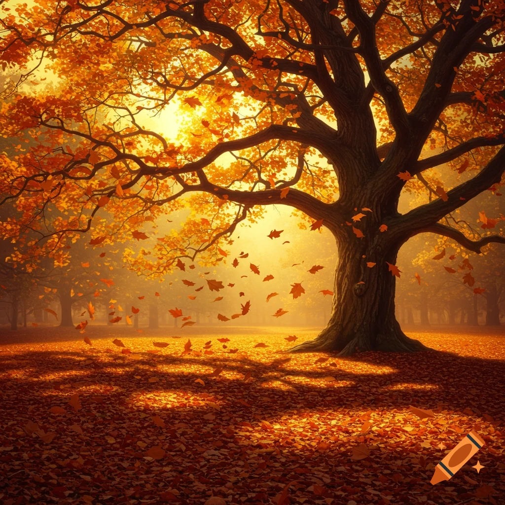 A large, vibrant autumn tree with bright orange and yellow leaves, many falling to the ground, bathed in warm sunlight.