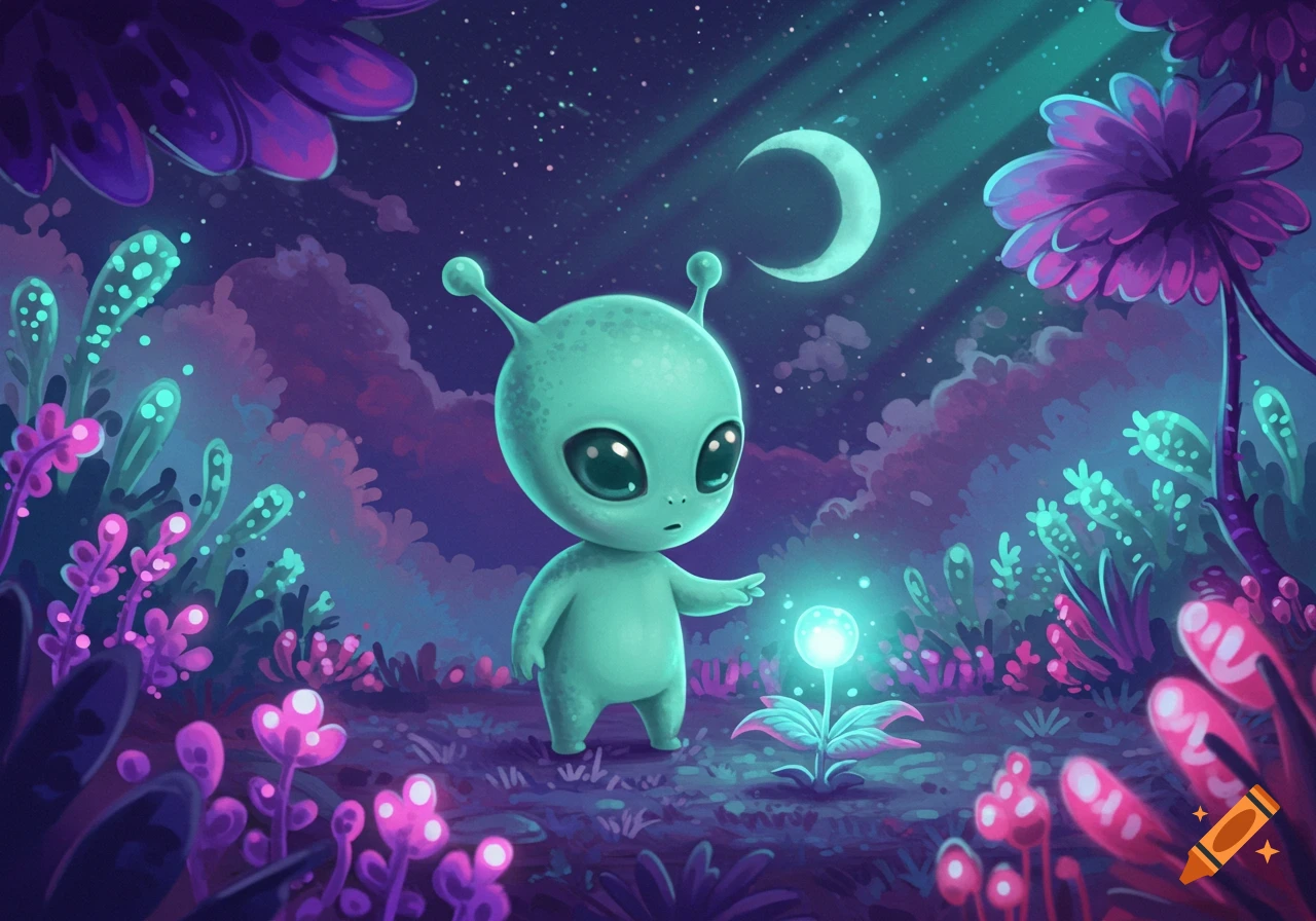 A cute, teal alien stands in a vibrant, glowing alien landscape with purple plants and a crescent moon, touching a luminous blue flower.