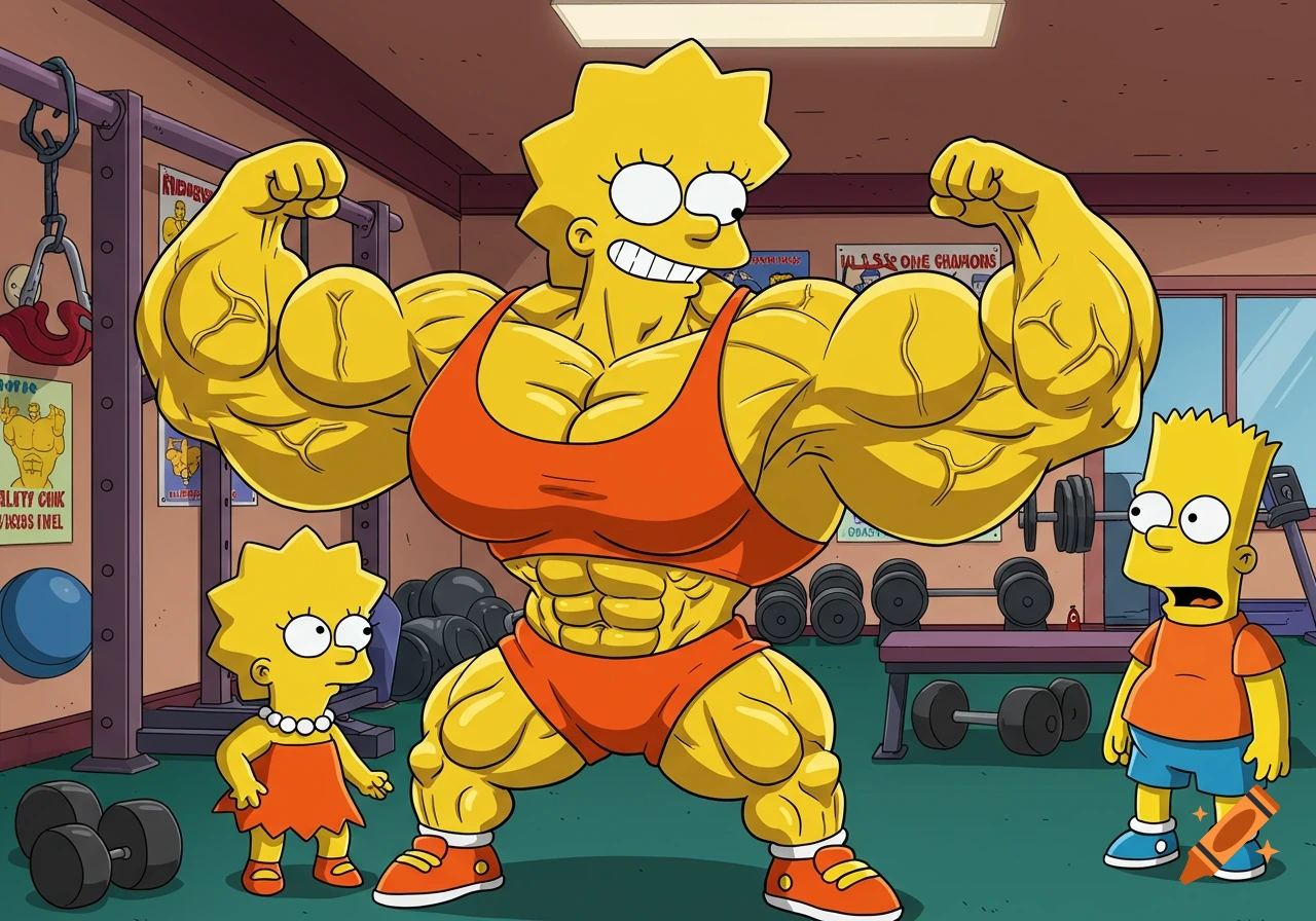 Muscular Lisa Simpson flexes in a gym, with regular Lisa and Bart observing, in a cartoon style.