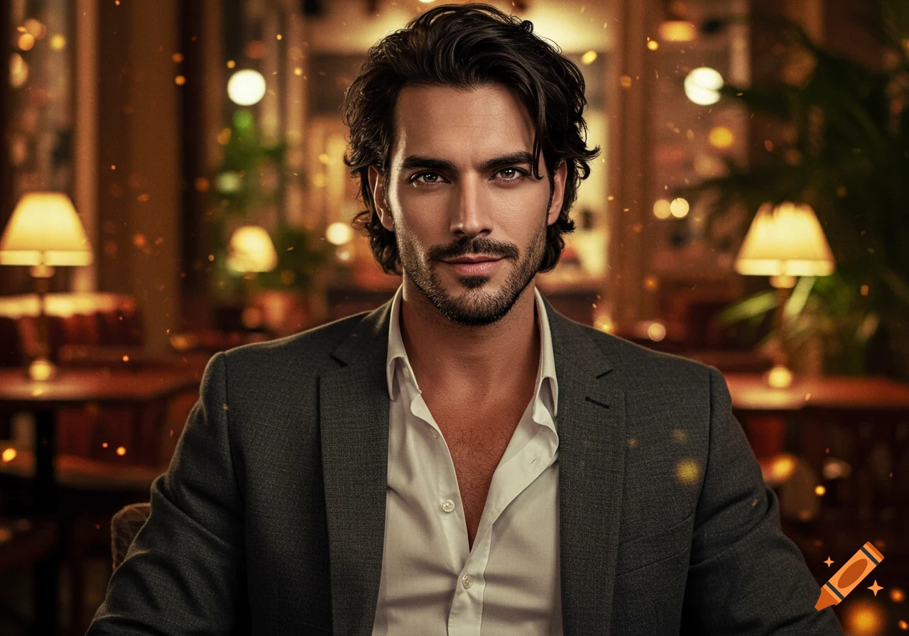 A photorealistic portrait of a handsome man with dark hair and a beard, wearing a suit jacket and an open-collared white shirt, against a blurred background of warm lights.