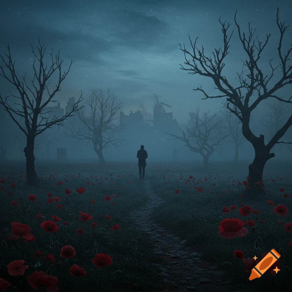 A solitary figure walks on a stone path through a field of red poppies and bare trees, under a dark, misty sky with ruined buildings in the distance.
