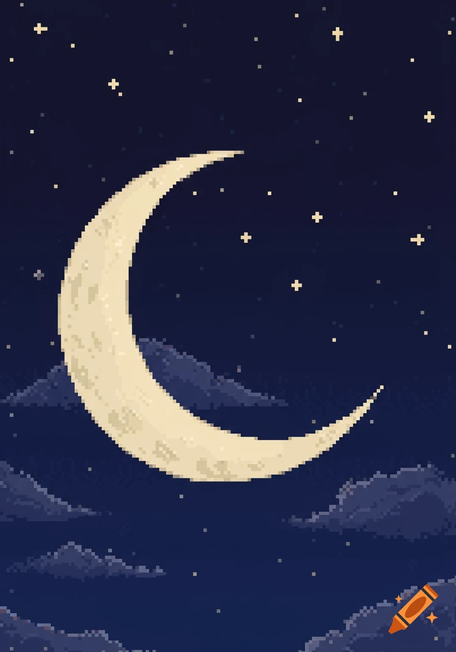 A pixel art illustration of a crescent moon in a starry night sky with clouds.