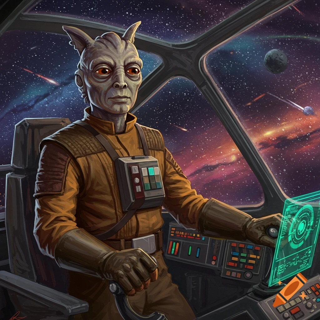 An alien with grey skin, large orange eyes, and small horns in a brown flight suit pilots a spaceship, looking forward with a control panel in front.