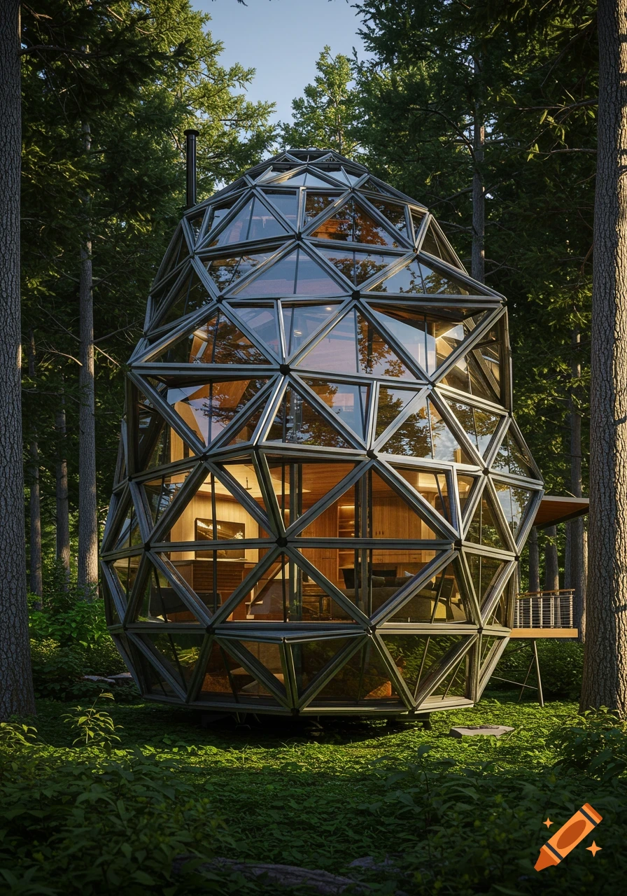 A photorealistic image of a unique pinecone-shaped modern house made of glass and steel nestled among tall trees in a lush forest.