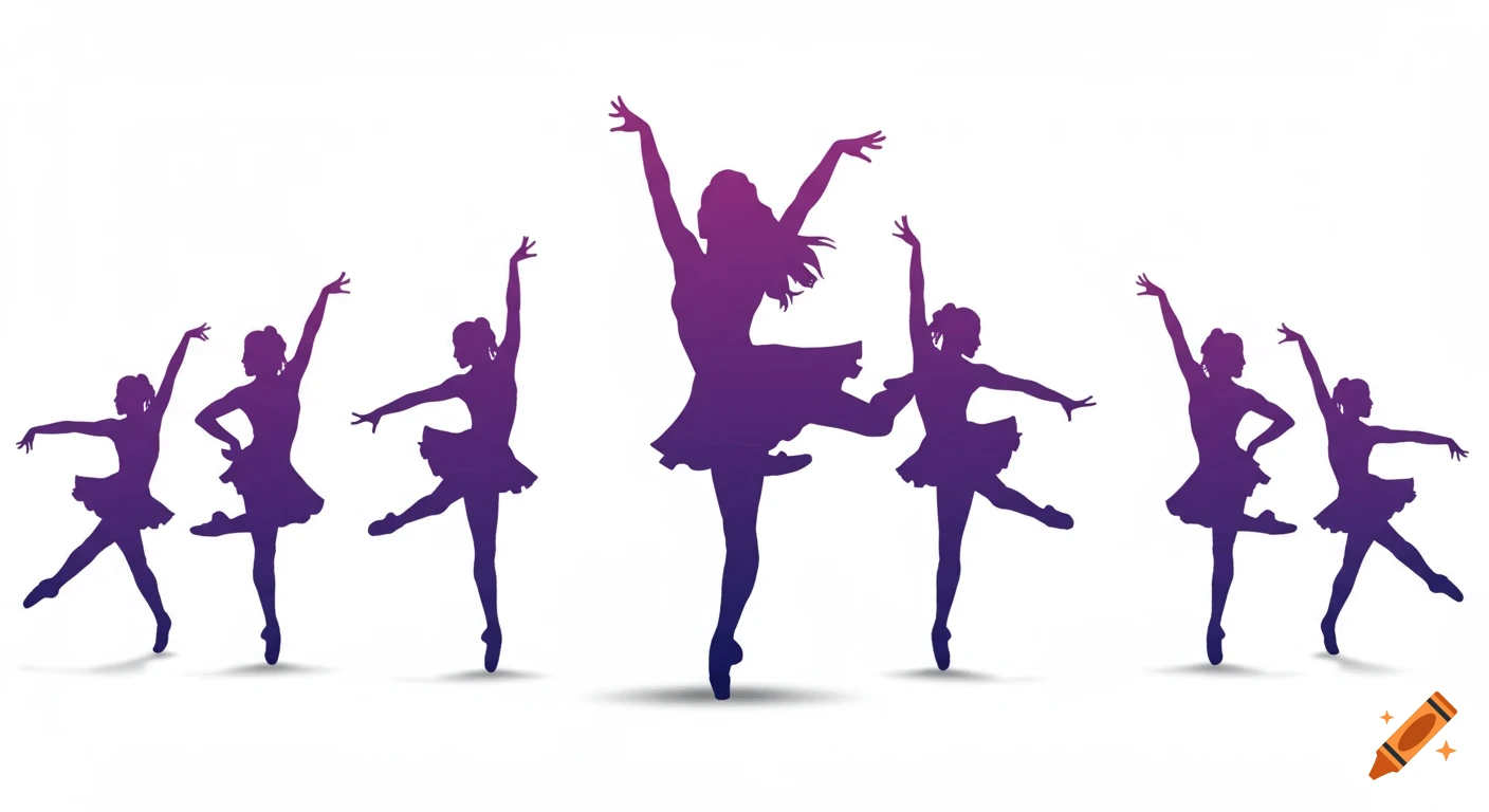 Silhouettes of seven female dancers in ballet poses, featuring a purple to magenta gradient on a white background.