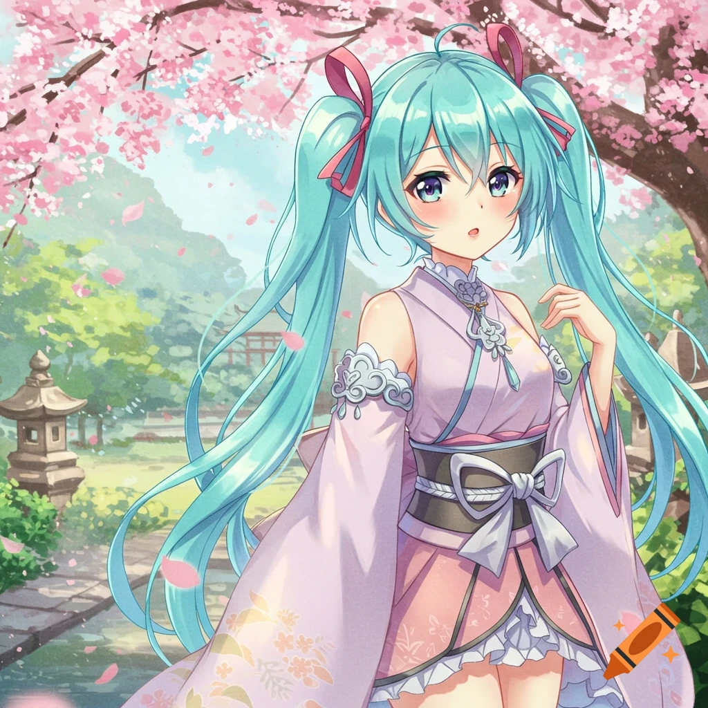 An anime girl with teal pigtails in a pink kimono stands under cherry blossoms in a Japanese garden.