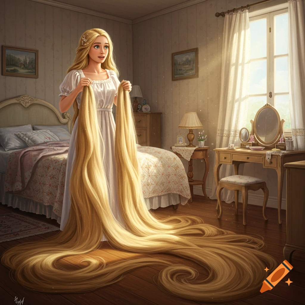 A young woman with incredibly long blonde hair holding two strands, standing in a sunlit bedroom with her hair flowing across the wooden floor.