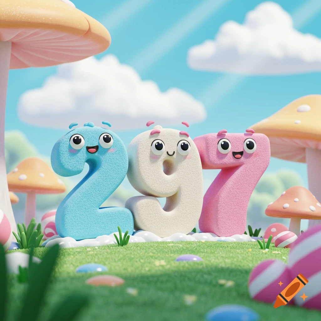 Plushy cartoon numbers 297 with cute faces stand on grassy ground in a whimsical mushroom landscape under a blue sky.