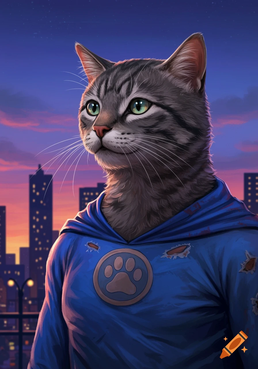 A grey tabby superhero cat with green eyes in a blue, worn costume, standing against a cityscape at dusk.