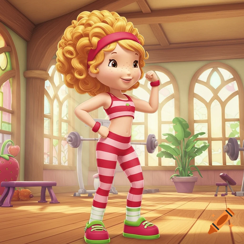 Strawberry Shortcake in a gym flexing her muscles, depicted in a cartoon style.