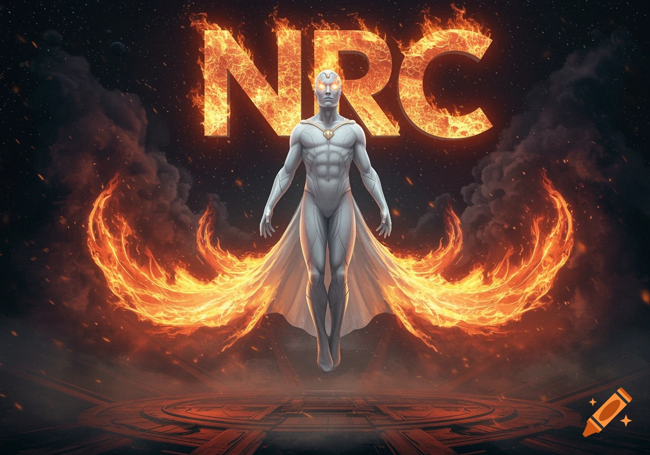 Marvel's White Vision with glowing eyes floats amidst fiery flames and large glowing NRC letters against a dark, starry background.