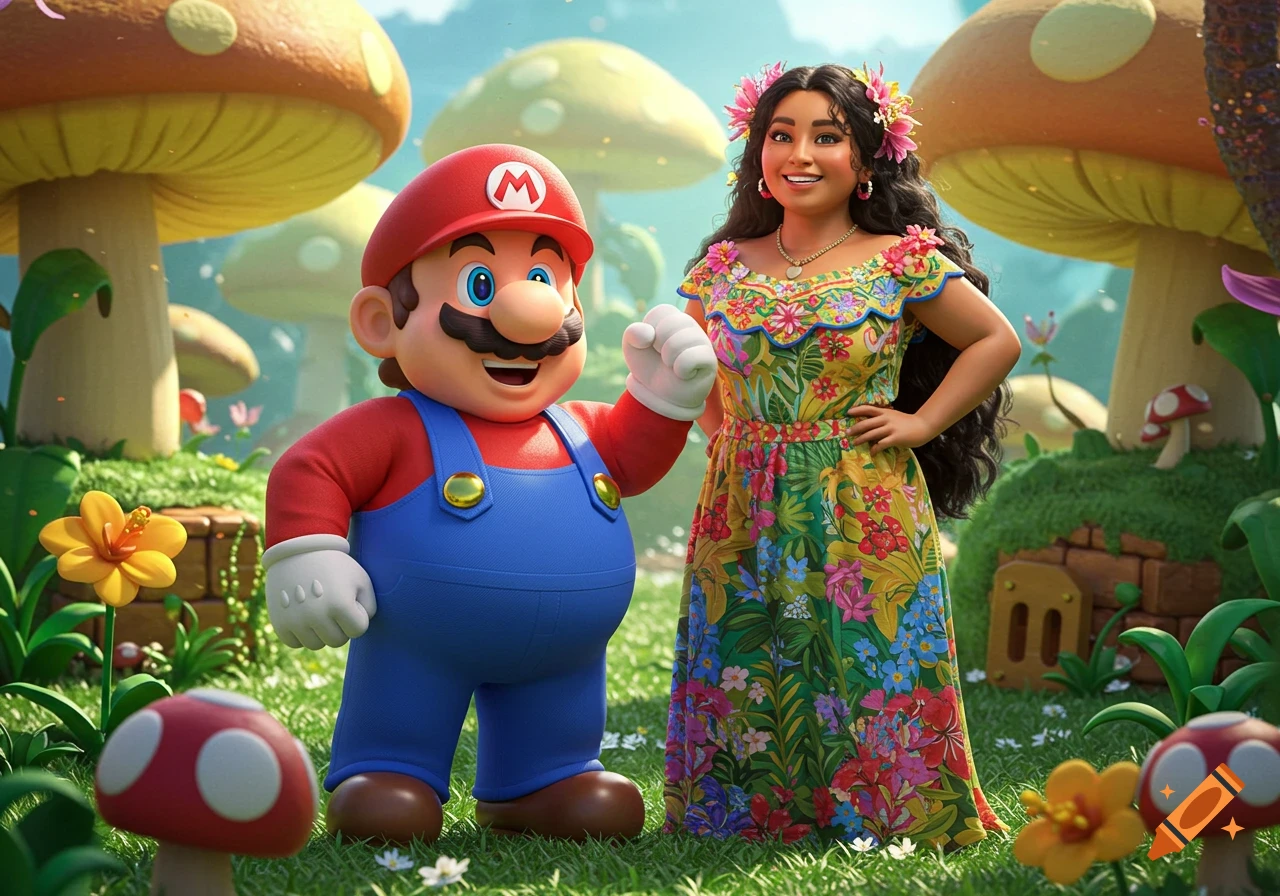 Mario and a Latina woman stand in a vibrant mushroom kingdom, surrounded by colorful flowers and large mushrooms in a 3D render style.