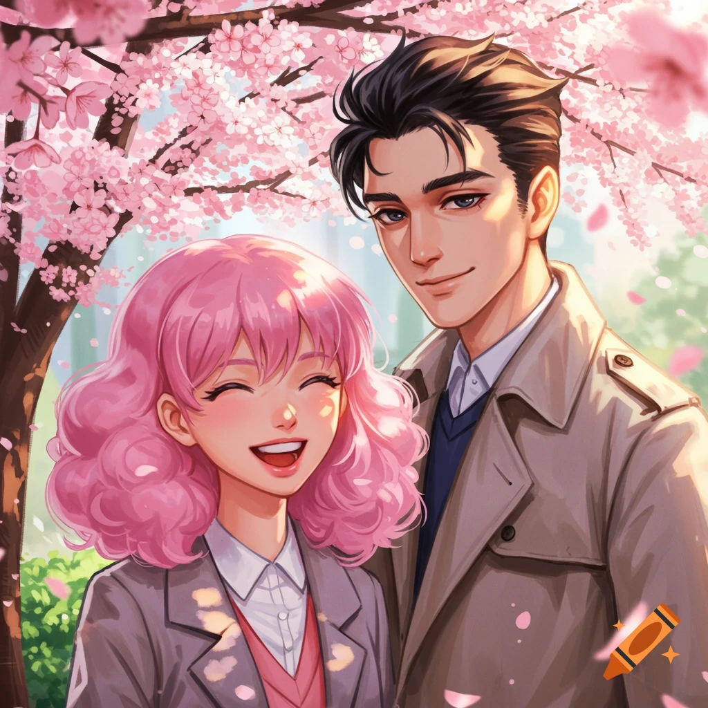 An anime-style couple smiles under a cherry blossom tree. A pink-haired girl laughs beside a dark-haired man.