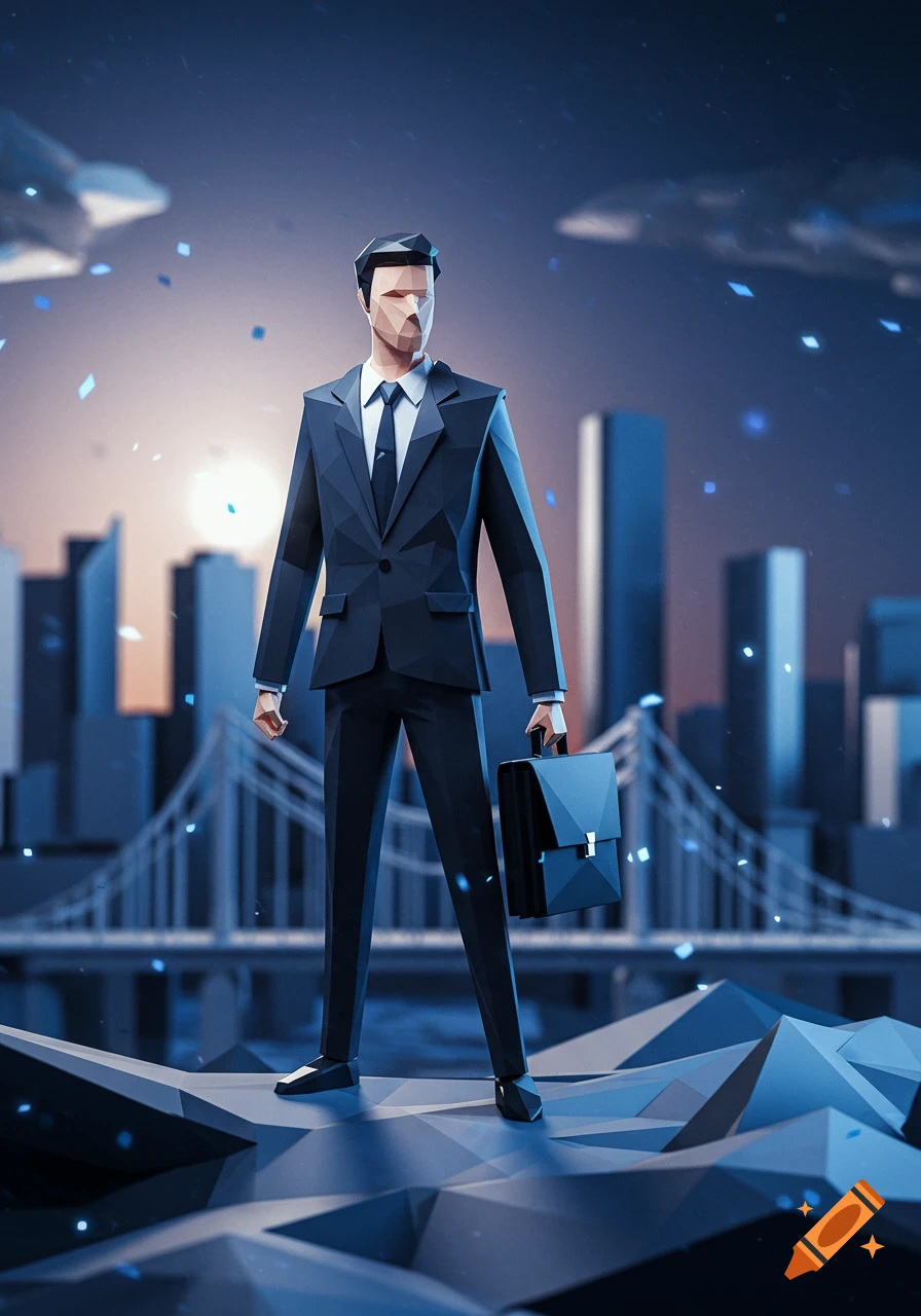 A low poly businessman in a suit holds a briefcase, standing on geometric terrain with a city and bridge in the background at sunset.