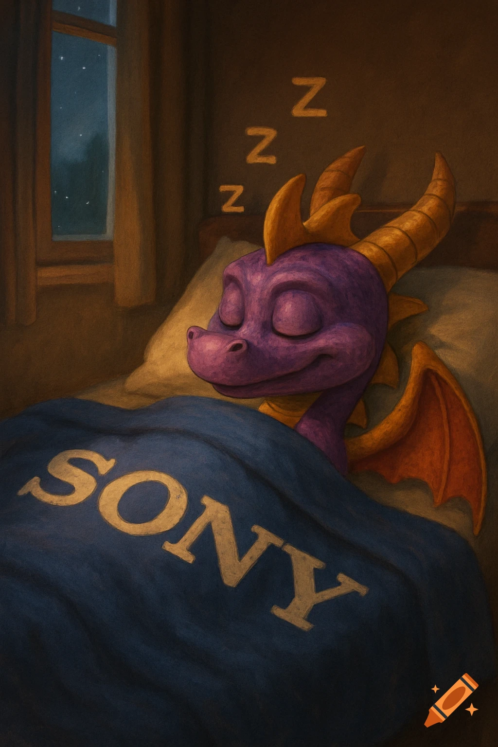 Reignited Spyro, the purple dragon, sleeps soundly in a bed under a blue blanket with 'SONY' written on it, with Z's floating above his head.
