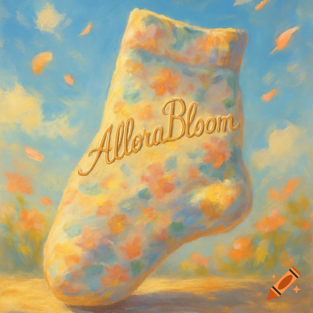 Painted image of a large, floral-patterned sock with 'AlloraBloom' on it, against a blue sky with falling petals.